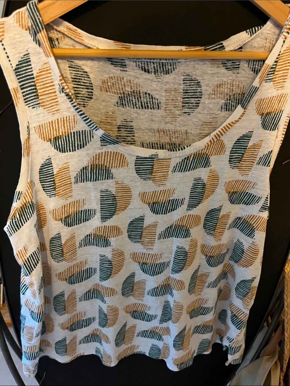 Garnet Hill Cream Tank Top with Green and Tan Abstract Stripes